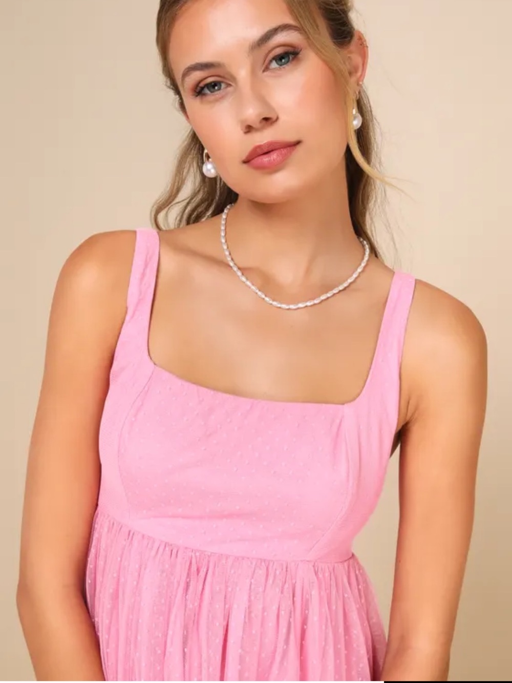 Lulus Cutest Princess Pink Swiss Dot Mesh Babydoll Mini Dress - Size S - Picture 2 of 6